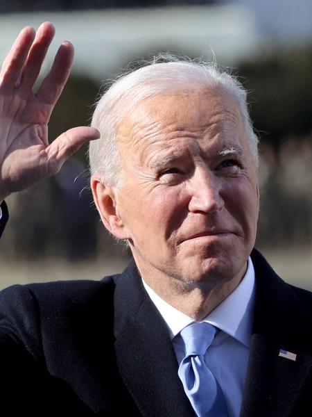 20 jan. 2021 - O Presidente Joe Biden durante cerimônia no Capitólio Imagem: Pool/Getty Images